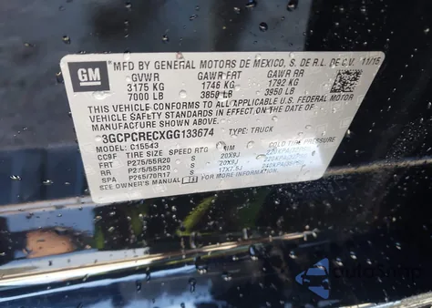 2016 Chevrolet Silverado 1500 1Lt из США, поврежденный, VIN 3GCPCRECXGG133674